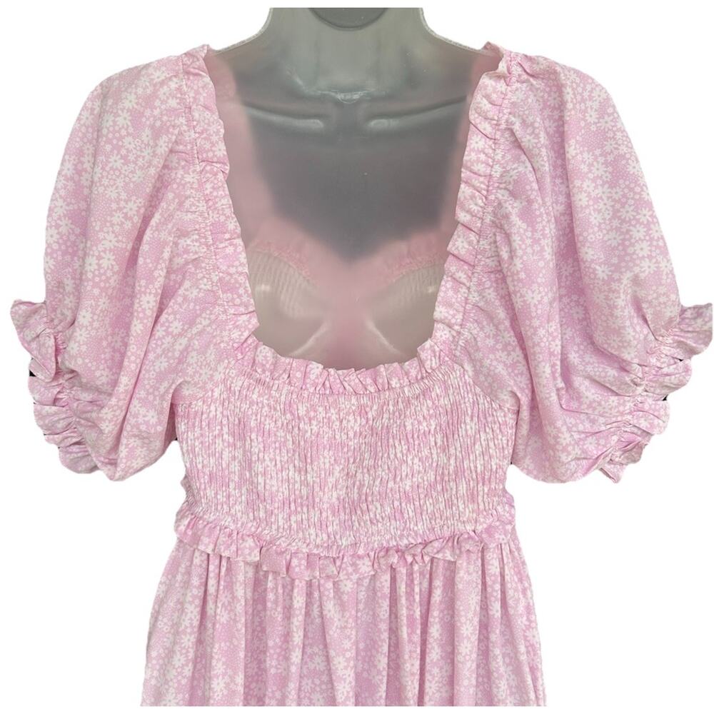 Mable Pink Smocked Maxi Dress Size Med Cottagecore Ditsy Floral Puff Sleeve Boho - Picture 8 of 10